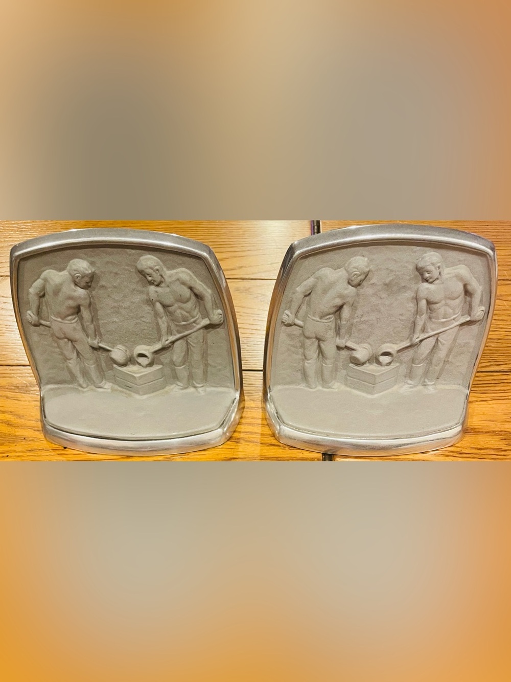Vintage Cast Aluminum Foundry Worker Bookends, shirtless foundry workers